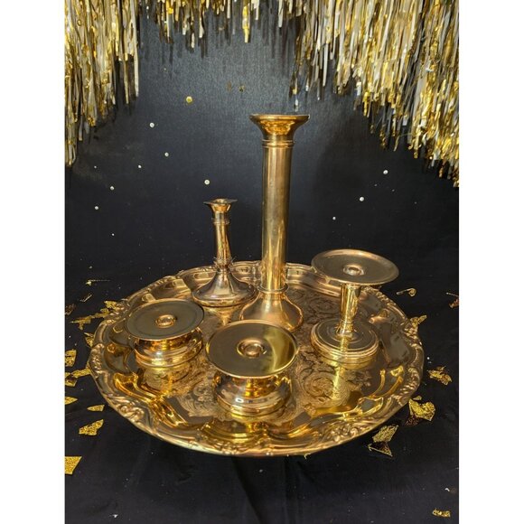 Baldwin Brass Candle Holders &Elegant Ornate Brass Tray 15" Wedding Home Décor - Picture 2 of 7